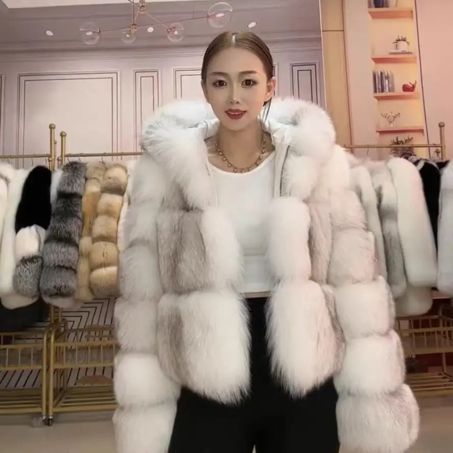 A genuine fox fur coat made entirely of fox fur for women's fur coats and fur clothing