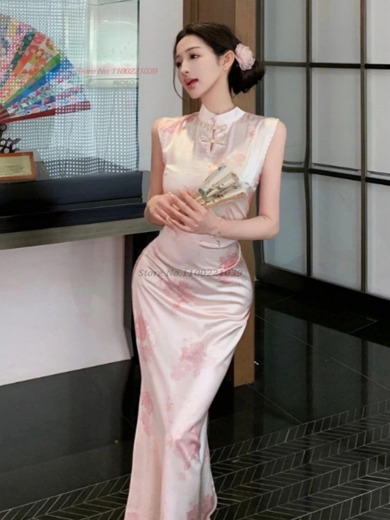 

2026 chinese improved cheongsam sexy qipao national flower print sleeveless fishtail qipao nightclub dress evening banquet dress