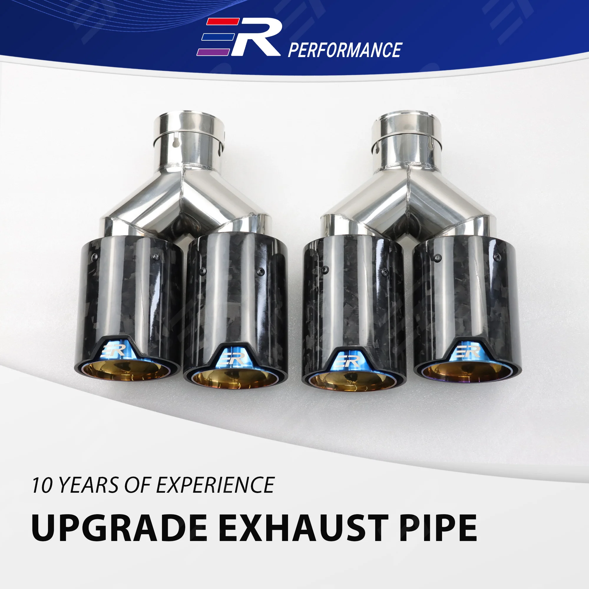 

1 шт., выхлопная труба из настоящего кованого углеродного волокна, автомобильные аксессуары, синий нержавеющий двойной выпускной глушитель, серия модификаций для BMW