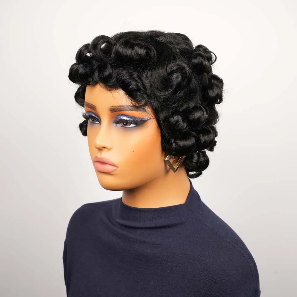 Кудрявый парик с стрижкой пикси, короткие надувные волны, человеческие волосы Remy с челкой, натуральный цвет, машинная работа, многослойная прическа, парик для ежедневного использования