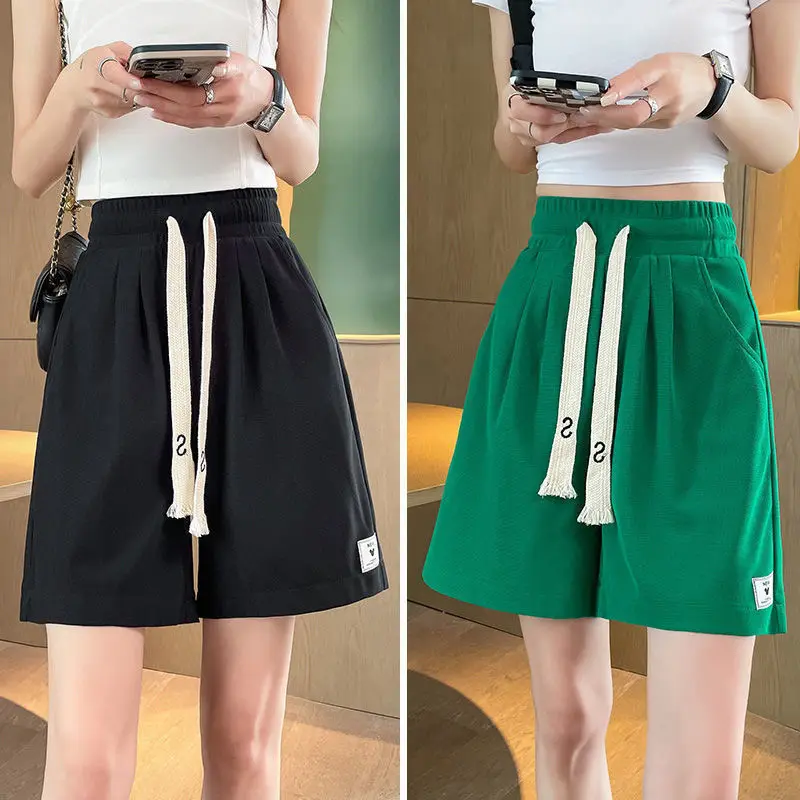 Women Fashion Elastic Waist Pockets Five Points Pants Summer New Thin Casual Solid Bandage Straight Sports Shorts Oversized 5XL