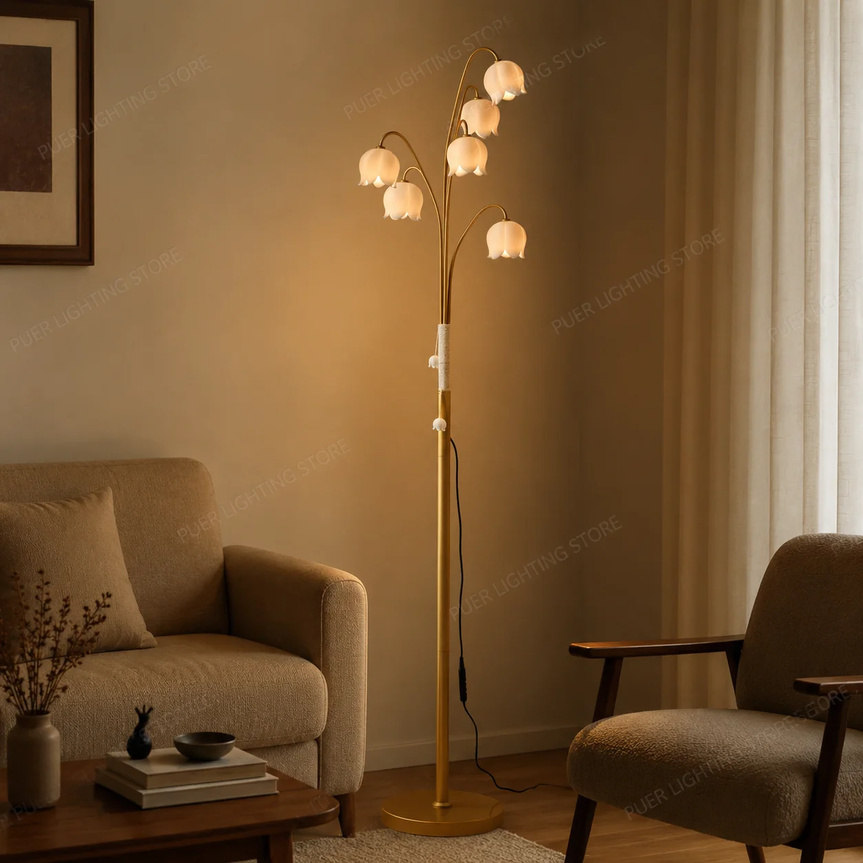 Lily Of The Valley Vintage Floor Lamp Retro Standing Light Sofa Side Decor Lamp For Bedroom Living Room Home Ambient Lighting