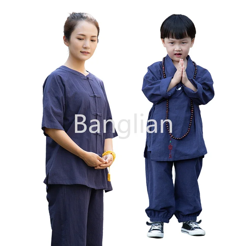 Cotton and Linen Chinese Tang Clothing, Hanfu, Layman Worship Buddha, Men's and Women's Clothing, Children's Monk Clothing