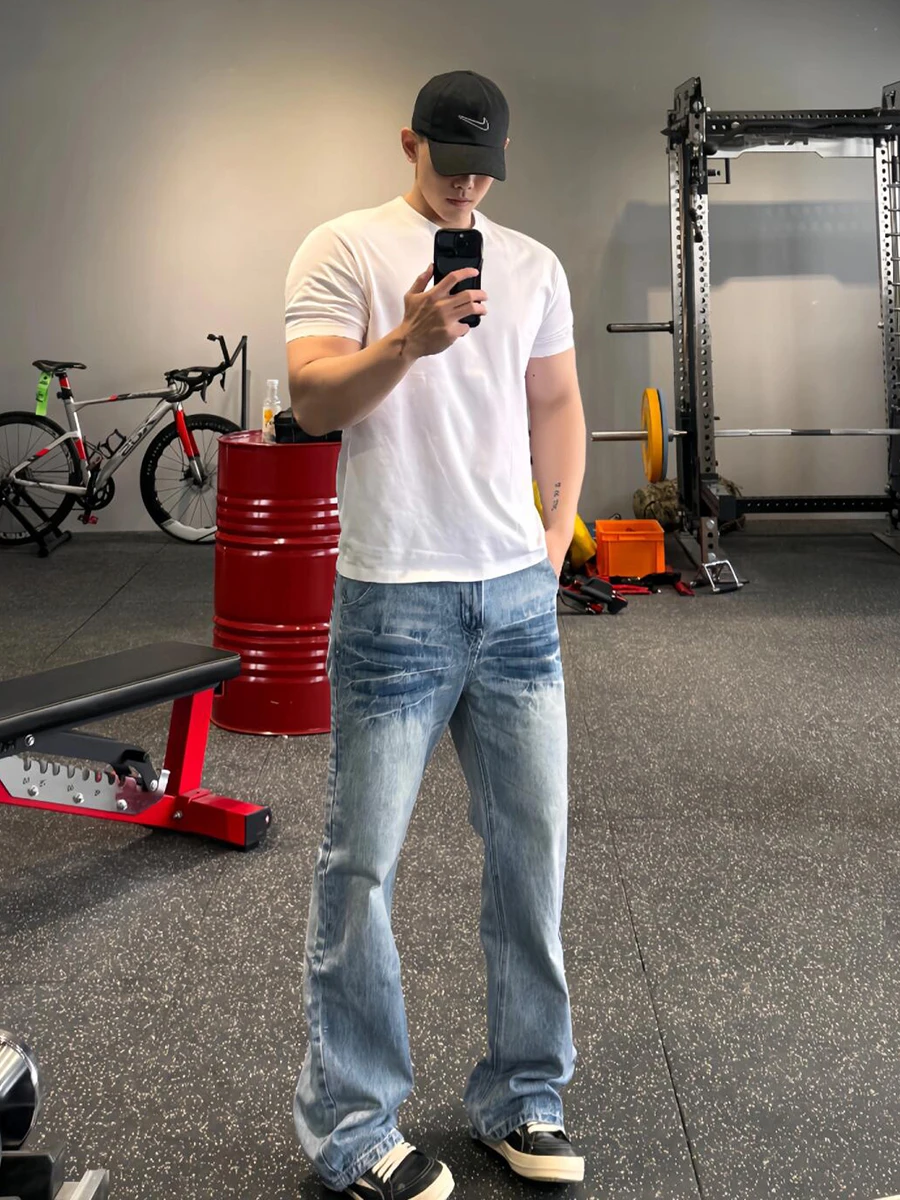 

Blue Lightning Cra Waed Straight Leg Jeans Men's High Street Cleanfit Flared Pants Stand Fit Jeans Youth Trendy
