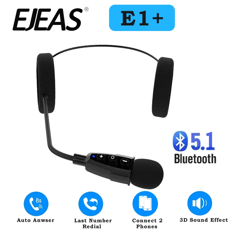 EJEAS E1+ Motorcycle Helmet Bluetooth Headset Music Player Wireless 5.1 Auto Answer Noise Reduction Optional Remote Controller