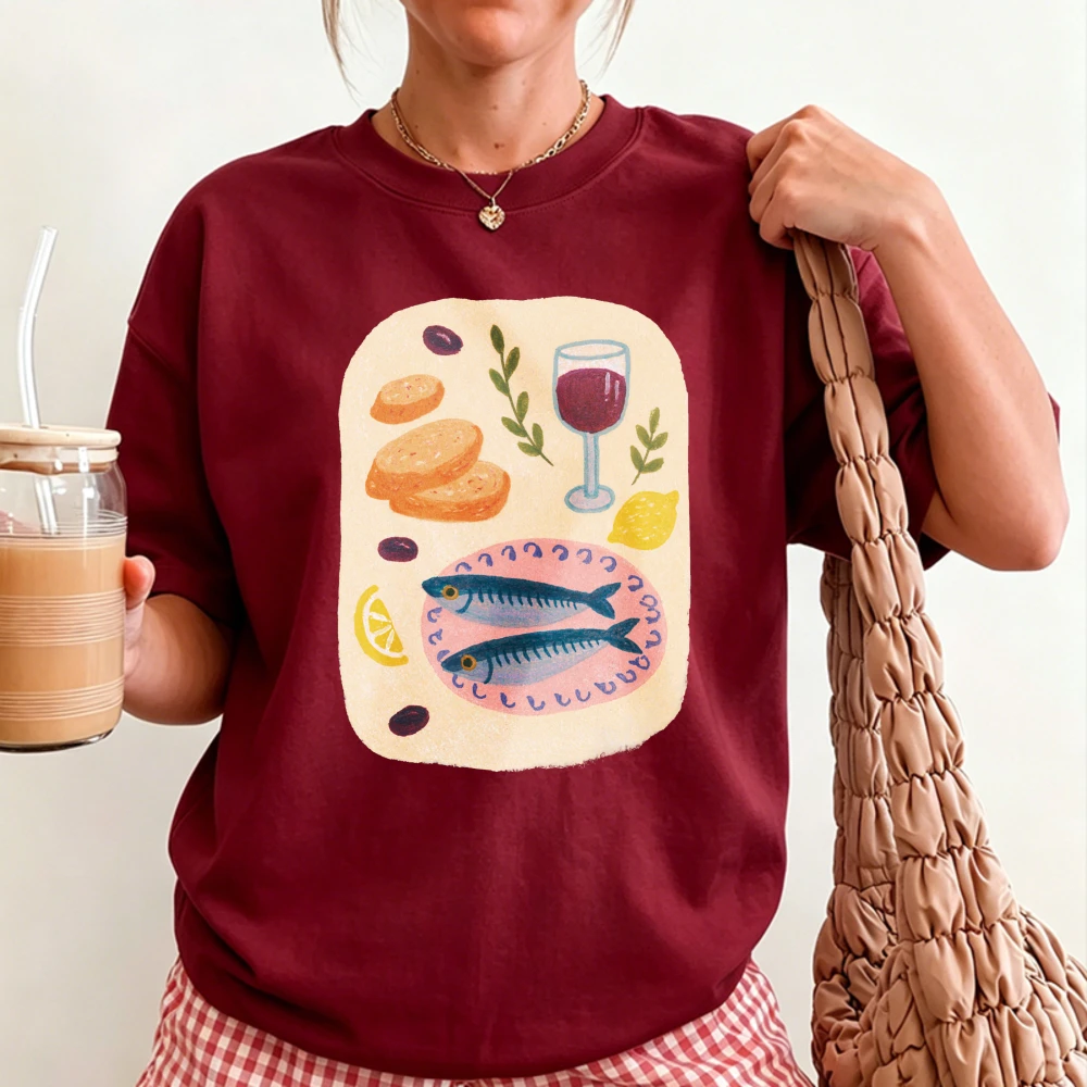 Hand Drawn French Cuisine Sardines Red Wine Toast Lemon Olive Art Print Women Cotton T Shirt European Food Lover Casual Tops Tee