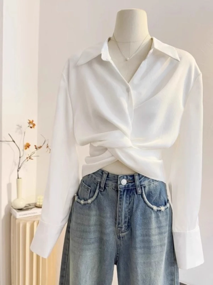 

Fashion Design Blouses Turn Down Collar Long Sleeve Shirts Solid Color Irregular Crop Tops 2025 Spring All Match Women Clothing