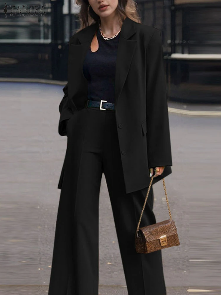 

ZANZEA Fashion Women Blazer Suits Autumn 2pcs Office Outfits Solid Tracksuits Elegant Casual Long Sleeve Tops Wide Leg Pant Sets