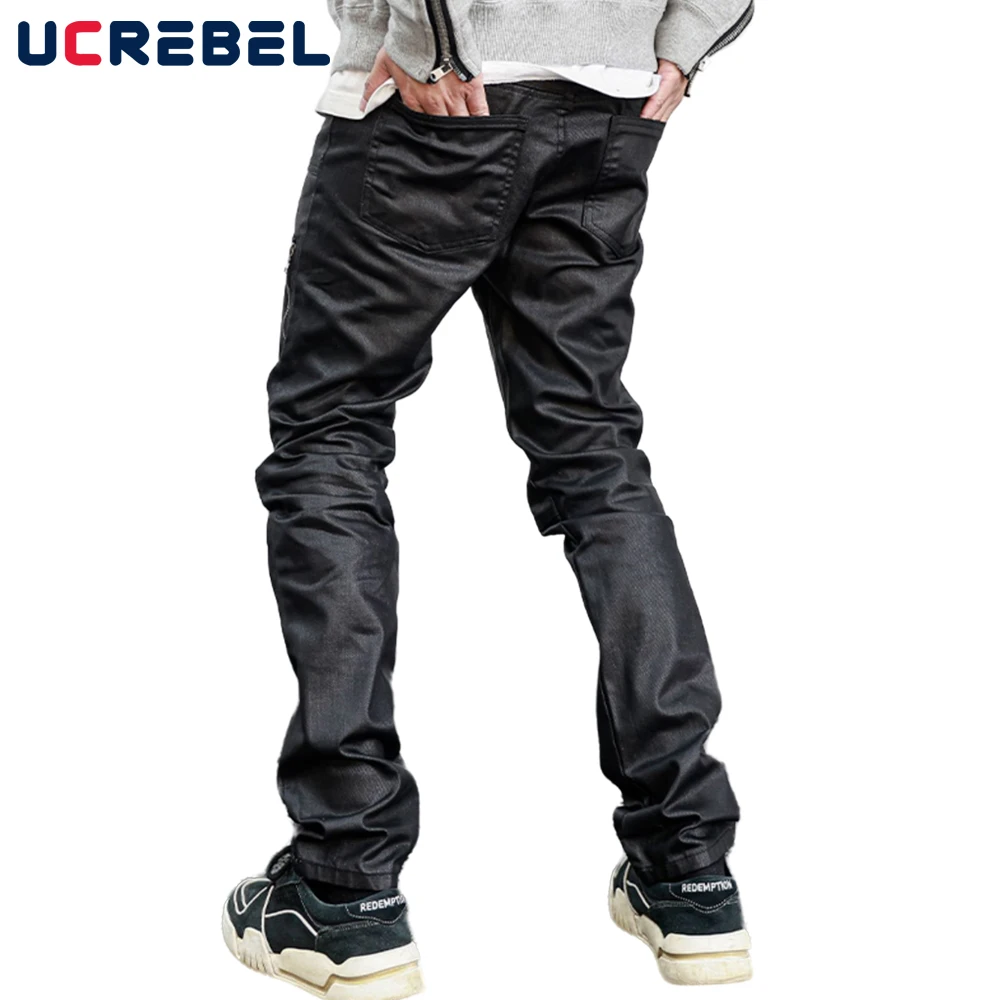 Waxed Straight-leg Pants Mens Streetwear Zipper Decoration Casual Pants High Street Trousers Men