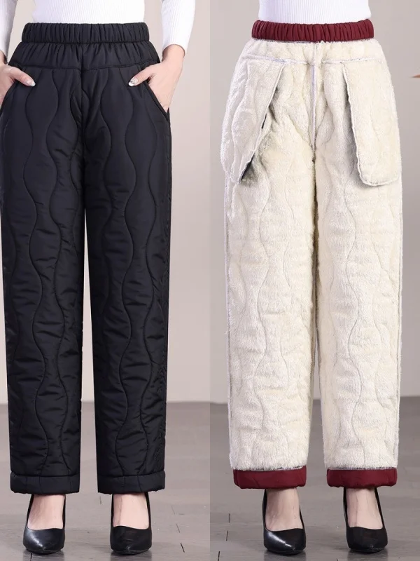 

Утепленные хлопковые брюки с высокой талией и прямыми штанинами для женщин среднего и старшего возраста, зимняя верхняя одежда, брюки