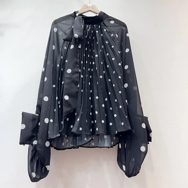 Neploe Chic Polka Dot Chiffon Shirt Herbst Femme High-End westlichen Stil leichte reife französische Nische elegante Bandage Blusen