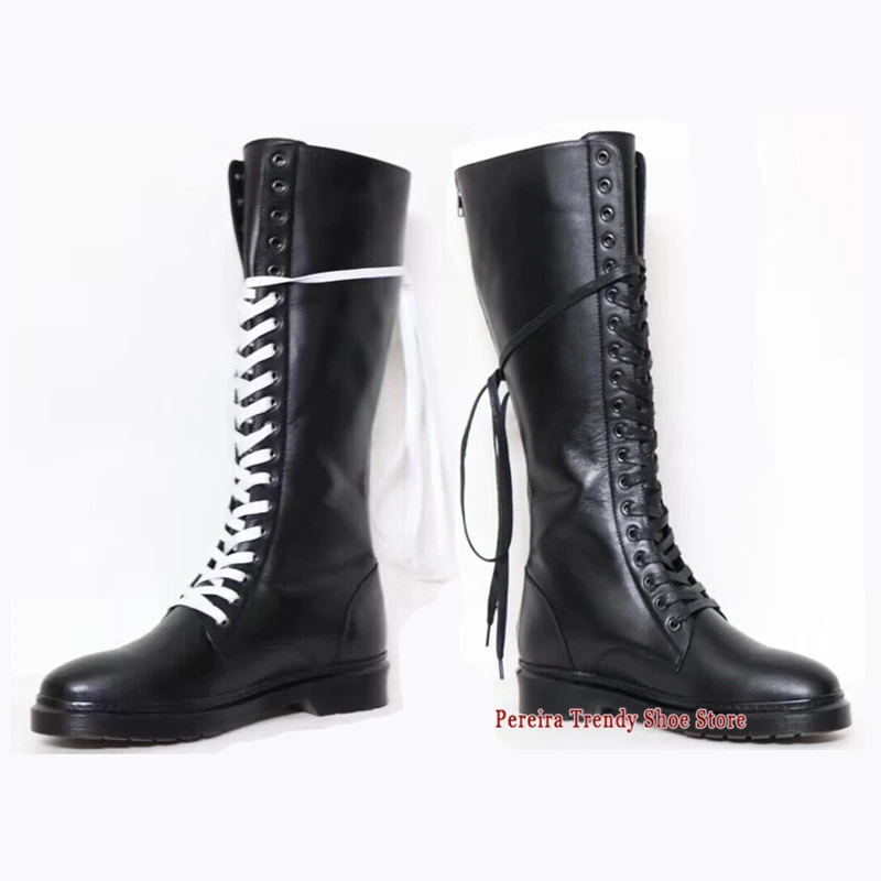Black Genuine Leather Lace Up Knight Boots Trendy Cowhide Thick Soled Over The Knee Boots Winter Versatile Comfortable Men Shoes