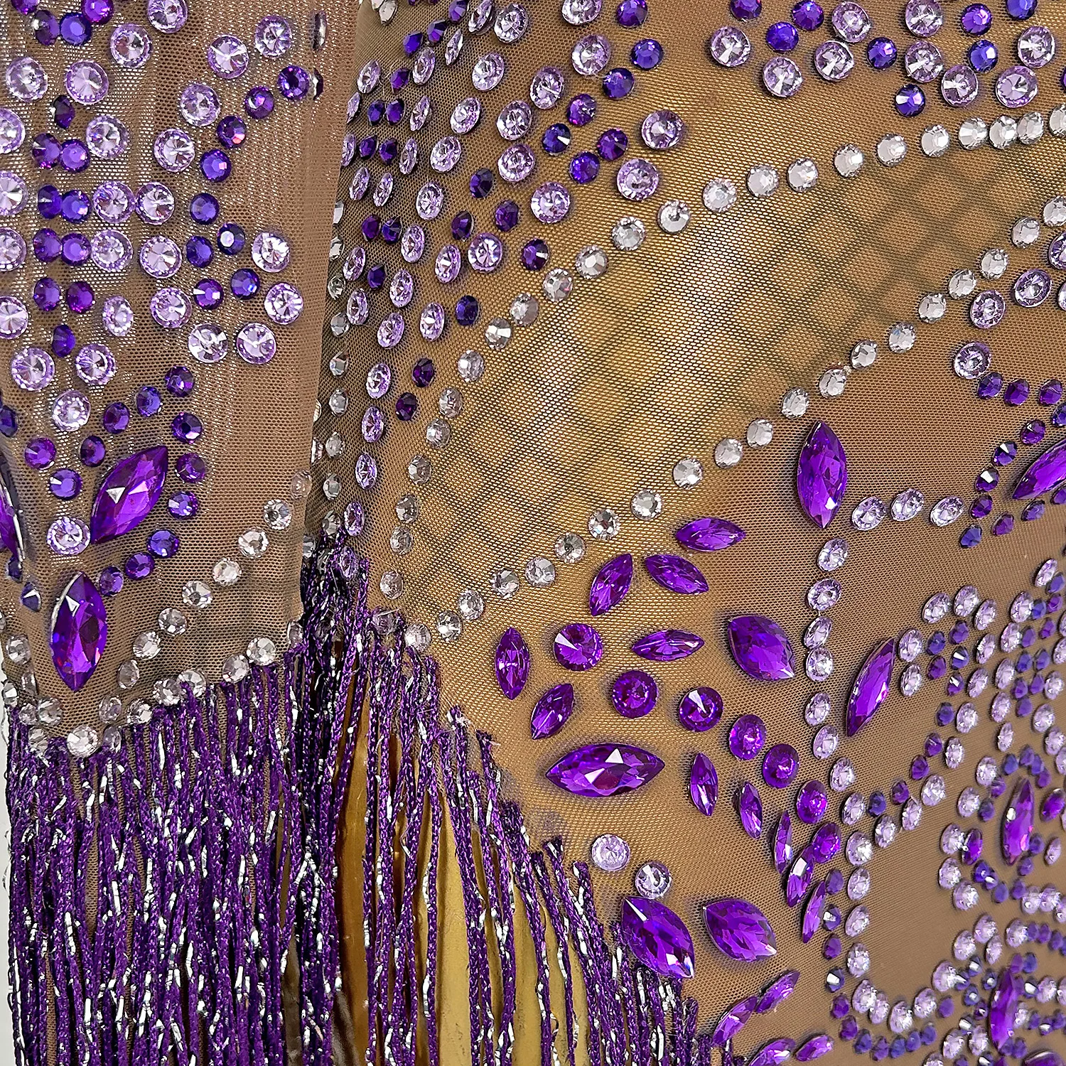 Lady Sparkle สีม่วง Rhinestone ตาข่ายชุดพู่ผู้หญิงวันเกิดปาร์ตี้ฉลองชุดไนท์คลับ Showgirl เครื่องแต่งกาย Zimei