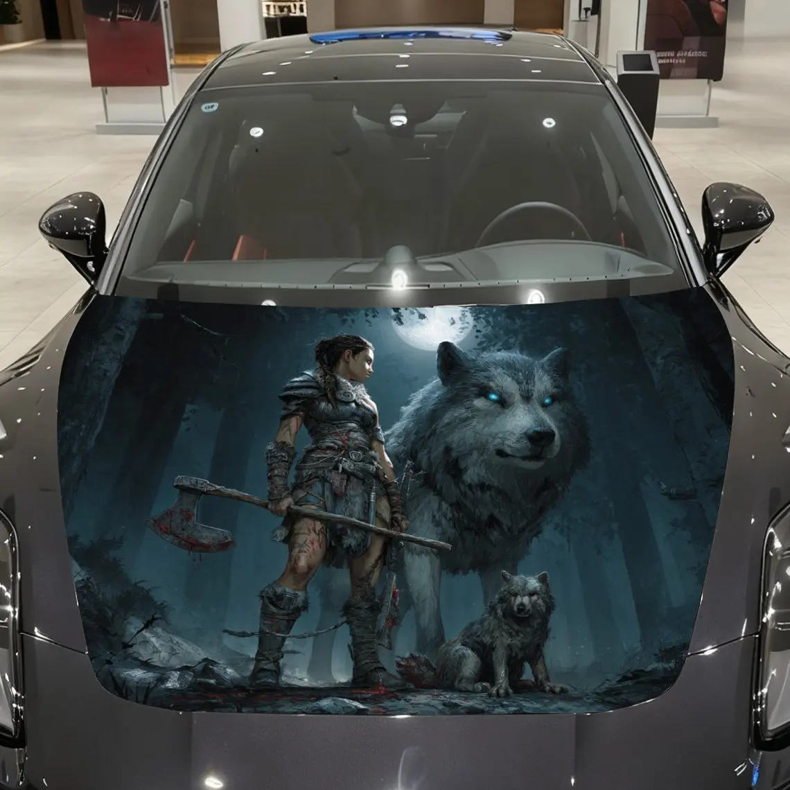 

Mysterious Forest Female Warrior and Blue - Eyed Wolf Car Vinyl Wrap, PVC Material Waterproof Car Hood Sticker, Self-Adhesive Sc