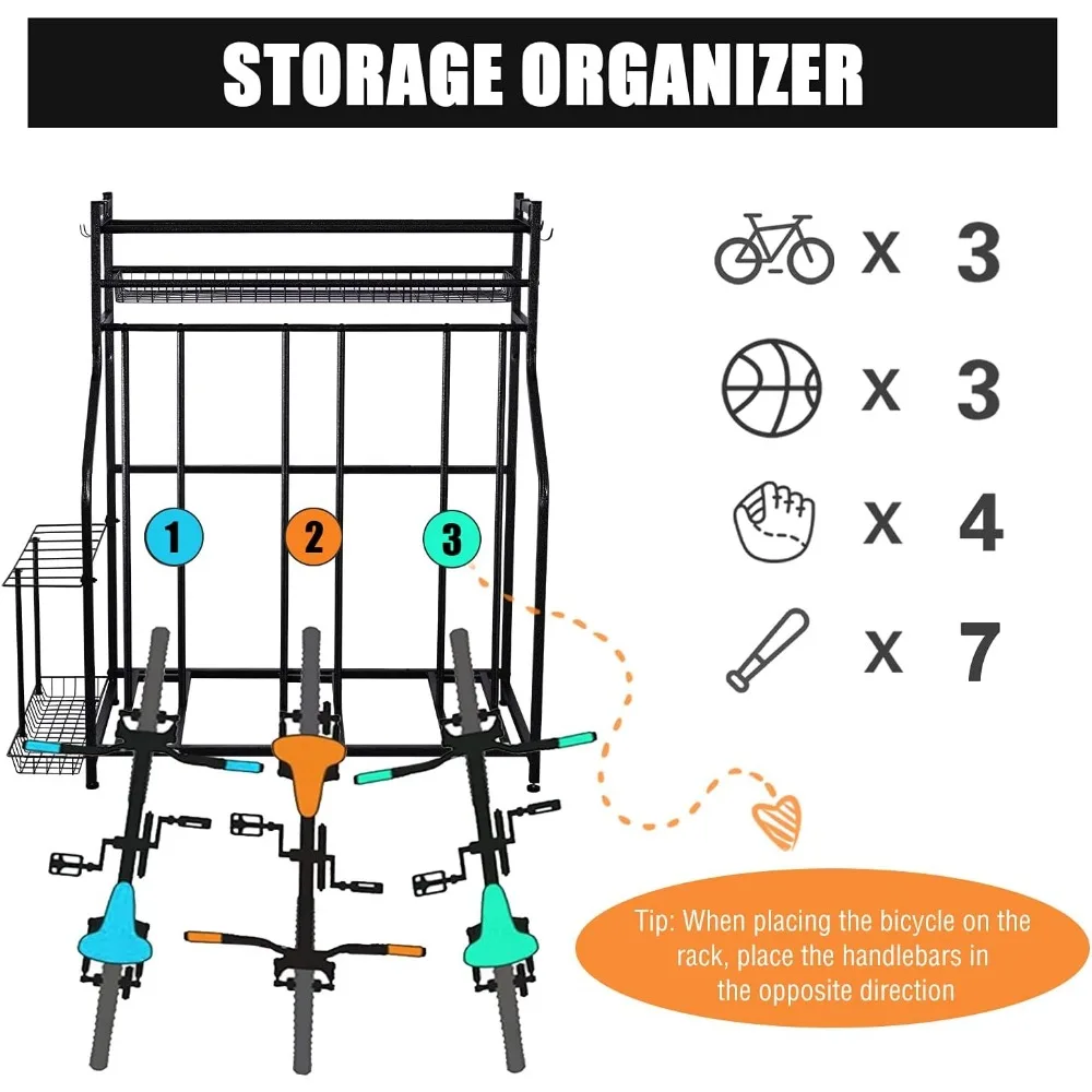 Garage Bike Rack Storage Organizer,3 Bike Floor Parking Stand for Garage Organizer, Bicycle Storage Rack for Garage