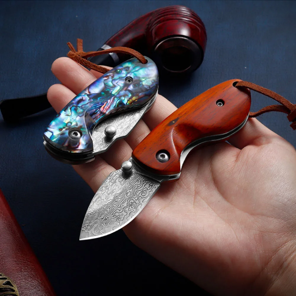 샌달우드 및 컬러 쉘 접이식 나이프, 미니 키체인 다마스커스 포켓 나이프, 자기 방어 수공구, 남성용 나무 칼