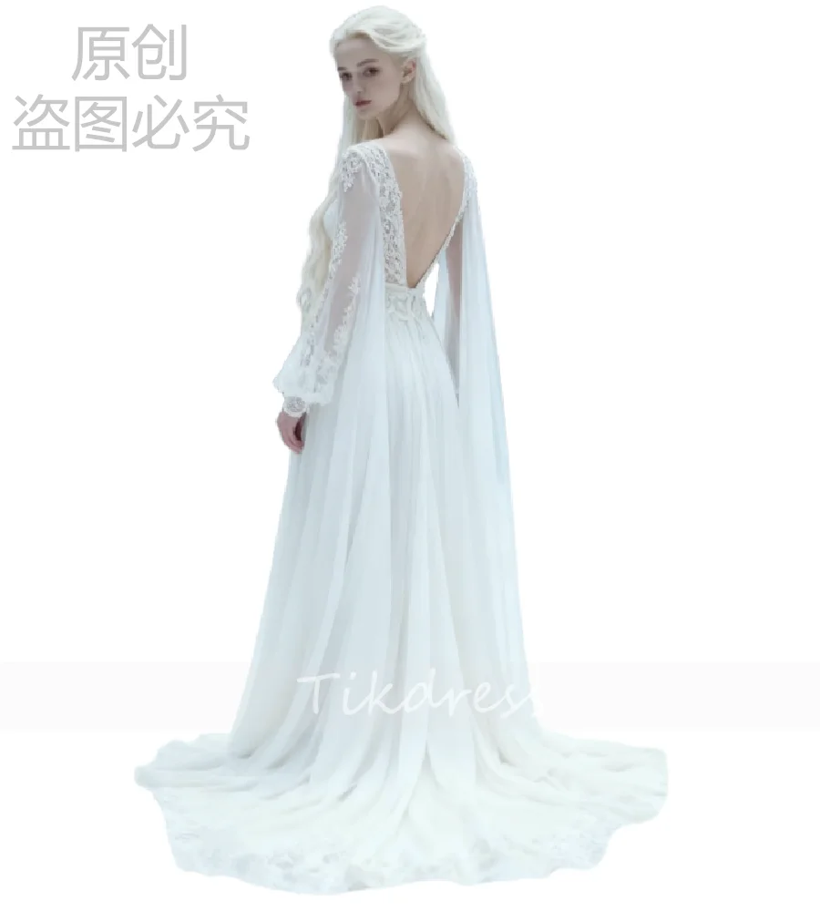 Enchanting Winter Elf Queen Wedding Dress 2026 Long Sleeve Fairytale Elven Sorceress Bridal Dress Backless Bohemian Viking Gown