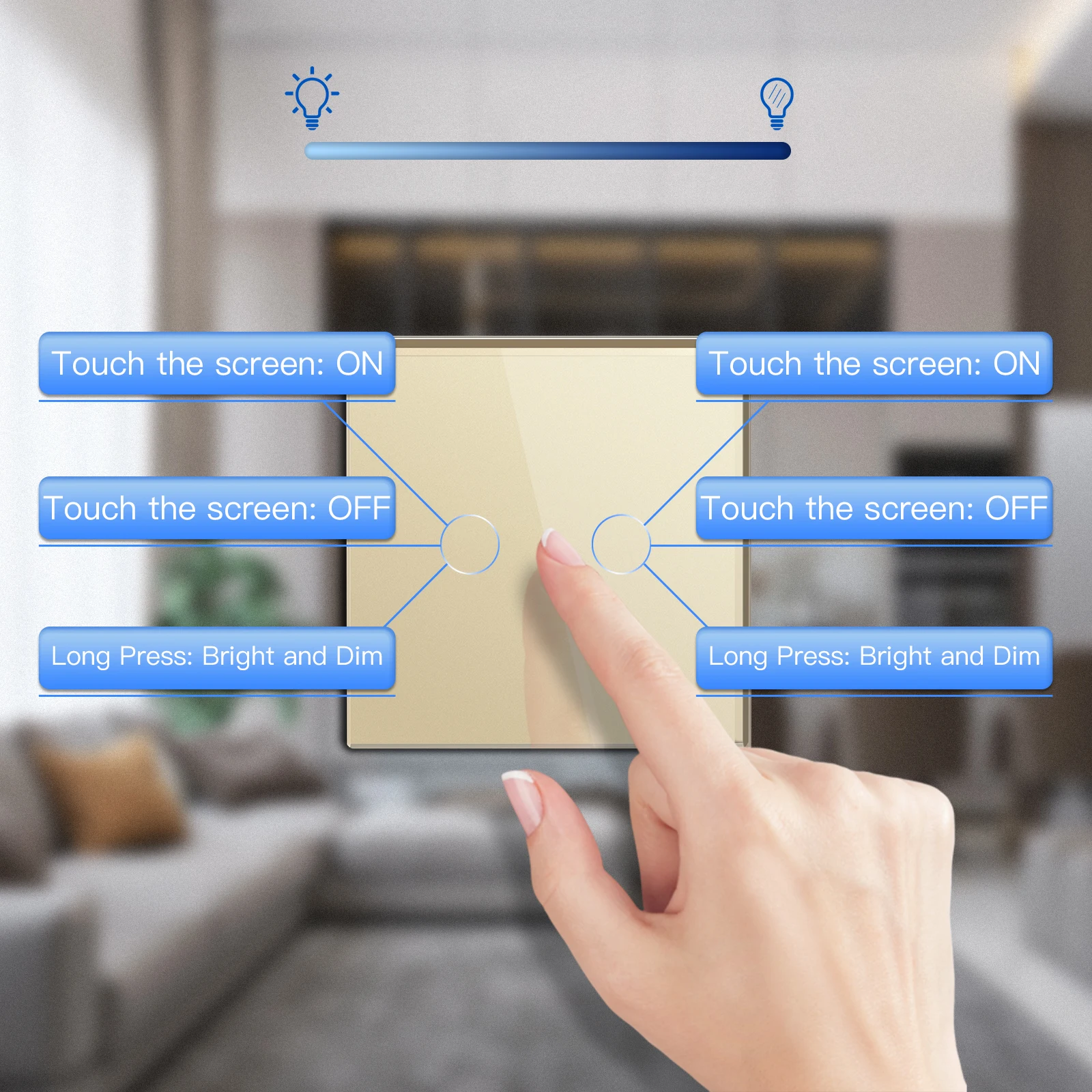 BSEED 2gang 1Way Wall Touch Switch Led Dimmer Switches For Dimmable Lights Tempered Glass Sensor Panel Blue Backlight 10A