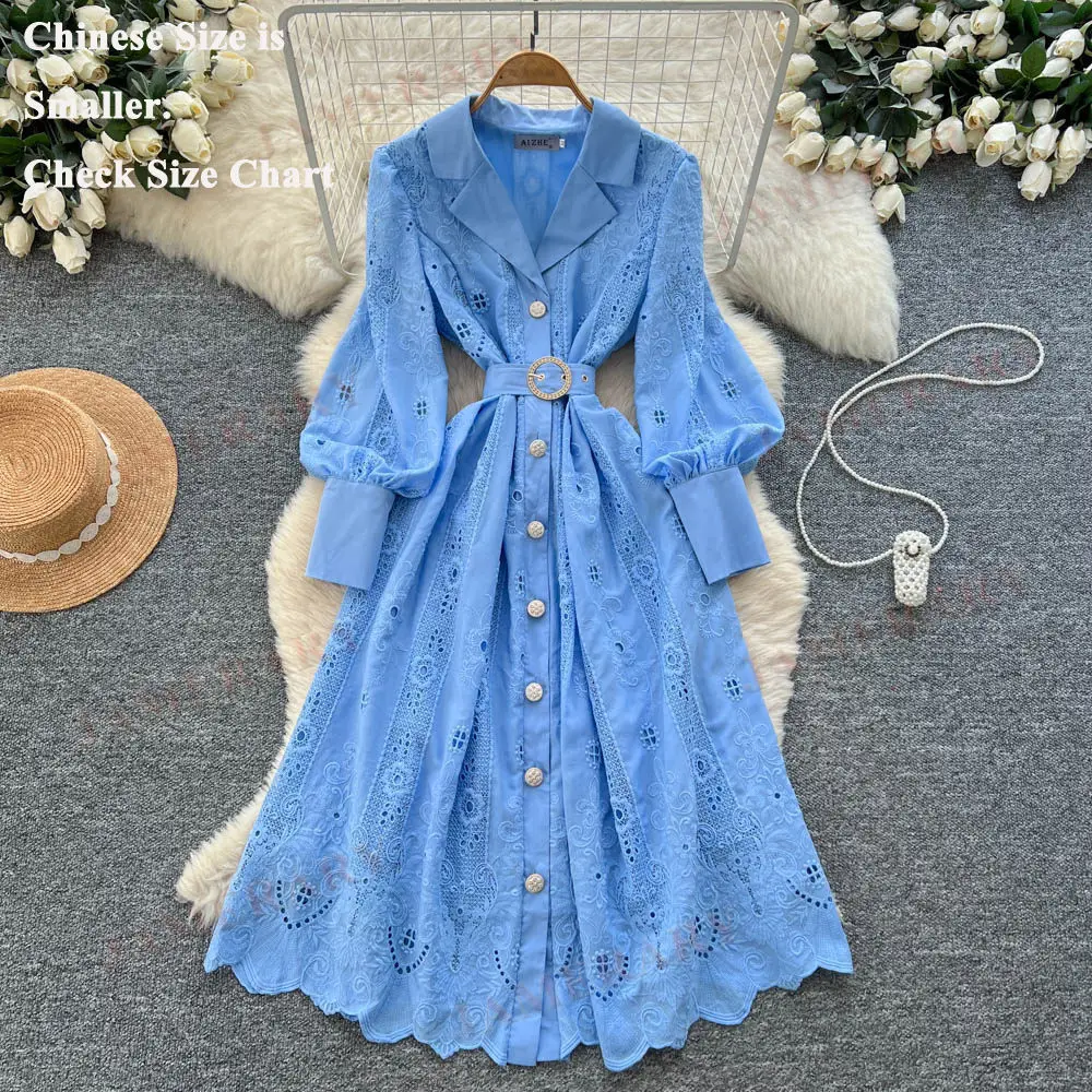 

Elegant Brand Runway Spring Summer Hollow Embroidery Long Sleeve Lace Dress Shirt Women Single-Breasted Holiday Midi Dresses
