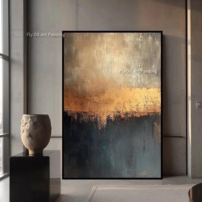 Luxury Gold Leaf Abstract Oil Painting Thick Texture Brushstroke Canvas Wall Art  Handmade Muted Blue Golden Shade Artwork Decor