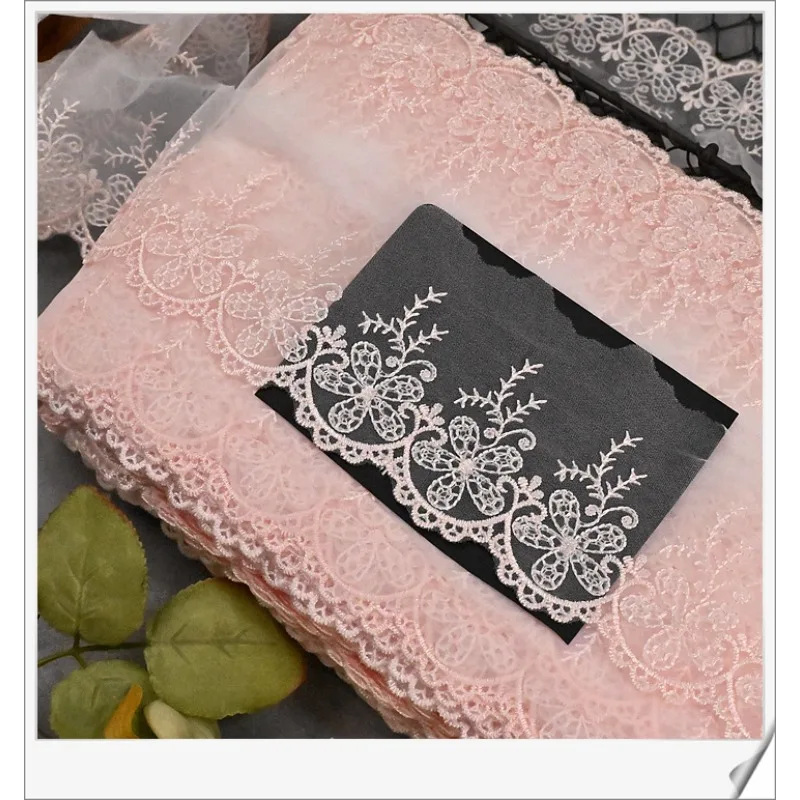 Light pink, green thread, mesh laceafrican lace fabric 2024 high quality 1yard,  flower embroidery DIY skirt sleeves  width 8Cm