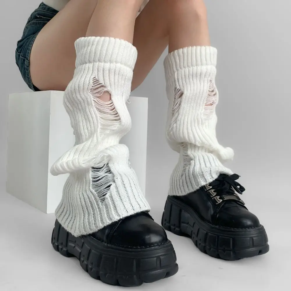 Elastic Ripped Leg Warmers Women Pile Up Warm Mid Tube Socks Subculture Stockings Knitted Broken Hole Socks Winter