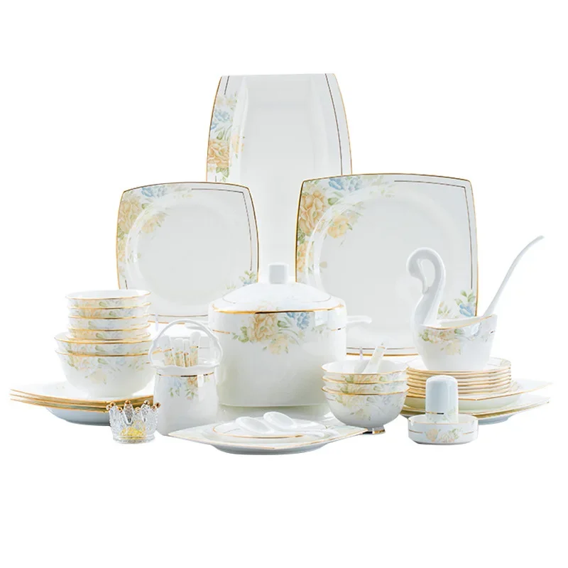 مجموعة من أطباق وأطباق جينغدتشن الصينية الفاخرة والأنيقة والخفيفة من أدوات المائدة المنزلية هدايا هووسورمينغ