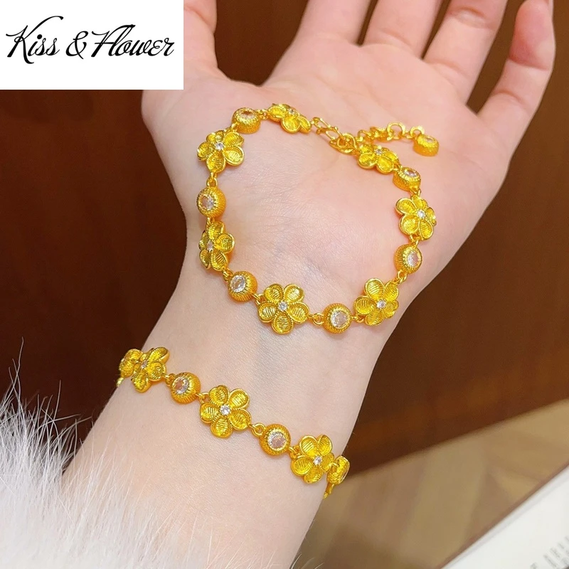 

KISS&FLOWER Gold Vintage Flower Bangle Bracelets For Women Wedding Party Birthday Christmas Bride Mother Girl Ladies Gifts BR386