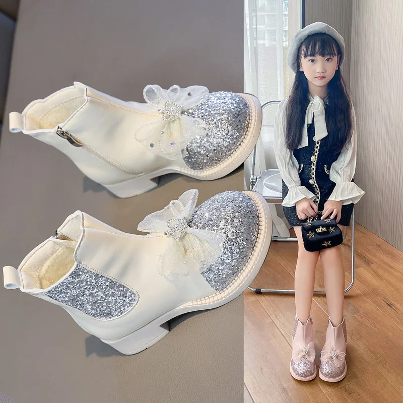 Girls Short Boots Spring Autumn Versatile Kids Boots Shiny Bow Crown Soft Princess Shoes Spring Autumn New 2023 New Elegant Chic