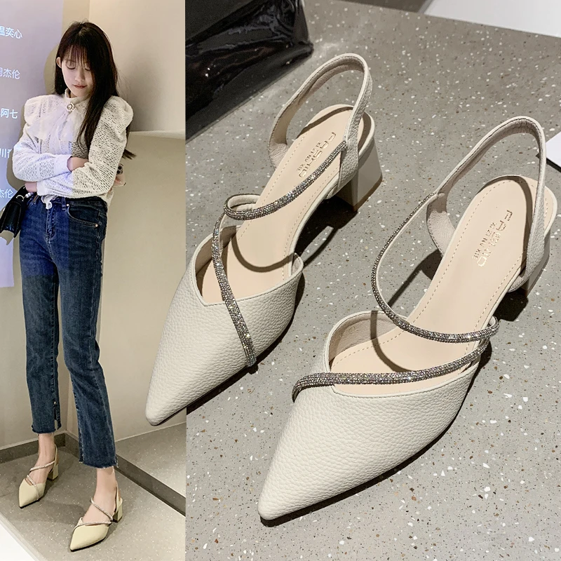 2022 New Pointed Toe Toe Sandals Women's Mid-heel Four Seasons Single Shoes Thick Heel One-word Belt Ladies Fashion Sandals