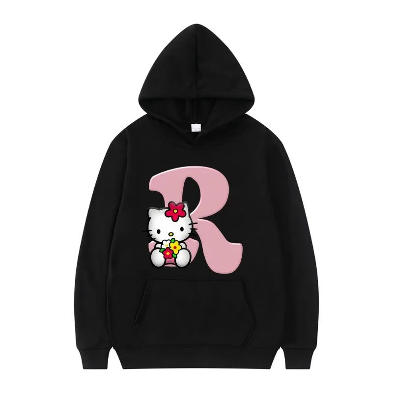 New Hello Kitty Autumn Black Plus Size Hoodie Letter A B C D Sweatshirt Clothing Kawaii Pullover Anime Women\'s Casual Fleece Top