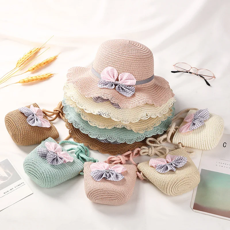 Girls Straw Hat Set Tourism Sun Hat Flower Children Sun Hat and Bag Set Baby Outdoor Wide Brim Bucket Hats