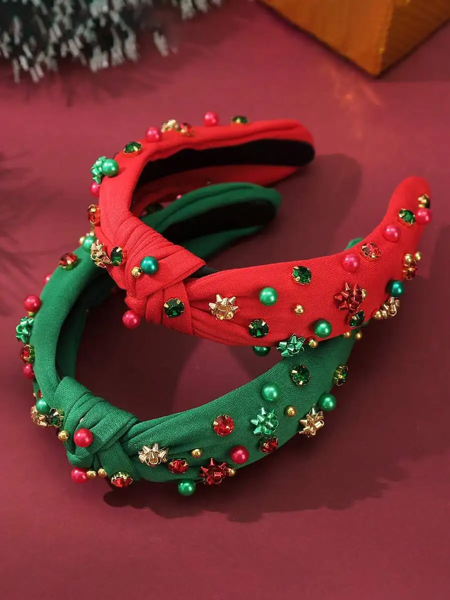 1Pc Christmas Twist Headband - Emerald Green & Crimson Hoop With Crystal Snowflake & Faux Pearl Accents, Women's Festive