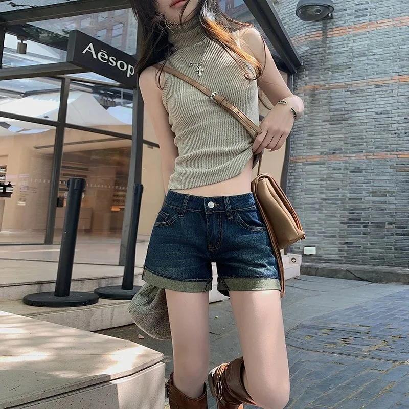 

Shorts Womens Denim Summer New High Waist Vintage American Retro Loose Fit Hot Female Jeans Leg Lengthening Rolled Hem