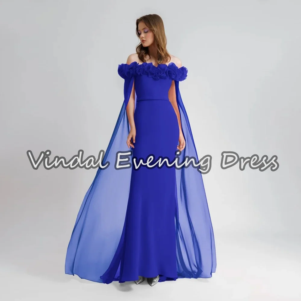 

Vindal Crepe Off-the-shoulder Neckline Mermaid Floor Length 3D Flowers Draped Simple Saudi Evening Party Dresses For Women 2025