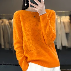 Pure Wool Women's O-neck Pullover Korean Fashion Hollow Knit Top Solid Color Sweater Autumn and Winter Women's Clothes