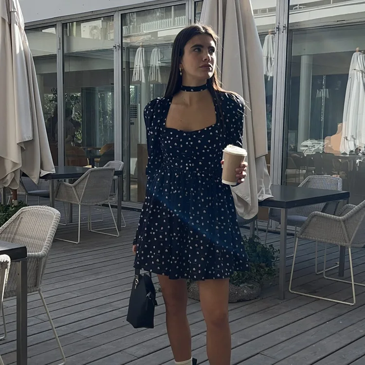 

Women's 2025 Spring And Autumn New Tea Break French Dress Collar Square Collar Long Sleeve Printed Casual A-line Skirt vestido
