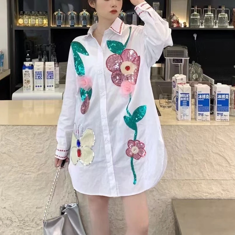 Sequined Flowers Stitch Loose Casual Oversized Long Cotton Shirts & Blouses For Women 2024 Spring Summer Tops Girls Y2k Camisas