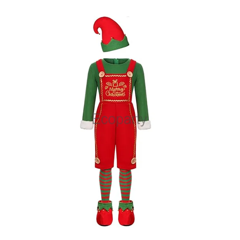 2024 Adult Kids Christmas Santa Claus Costume Boy Girls Green Elf Cosplay Dress Hat Socks Set Women New Year Xmas Party Outfits