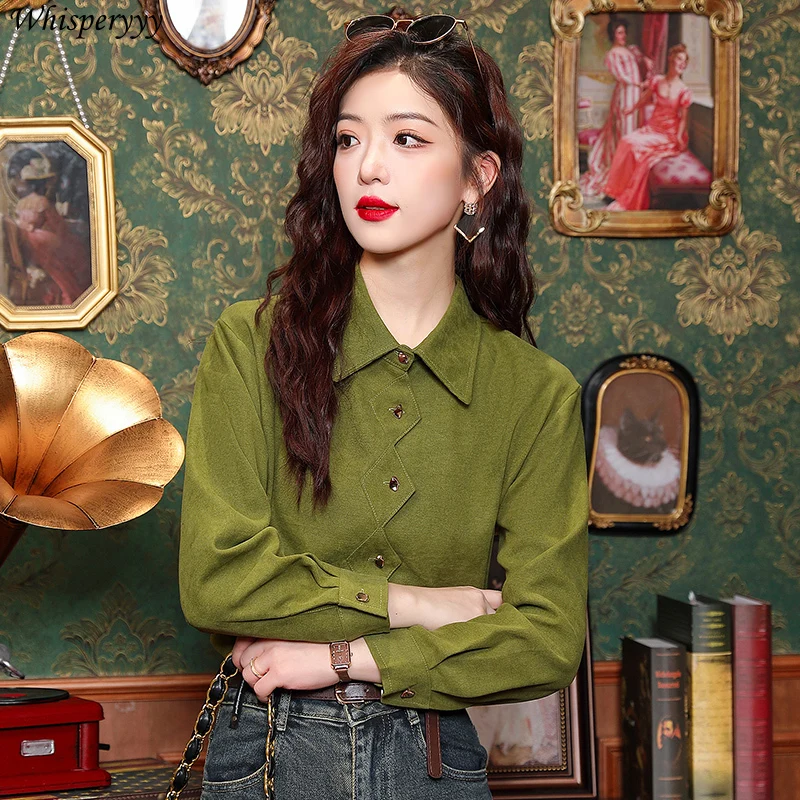 

Vintage Blouse for Women Temperament Long Sleeve Shirt Female Spring Autumn Single-breasted Turn-down Collar Casual Green Tops