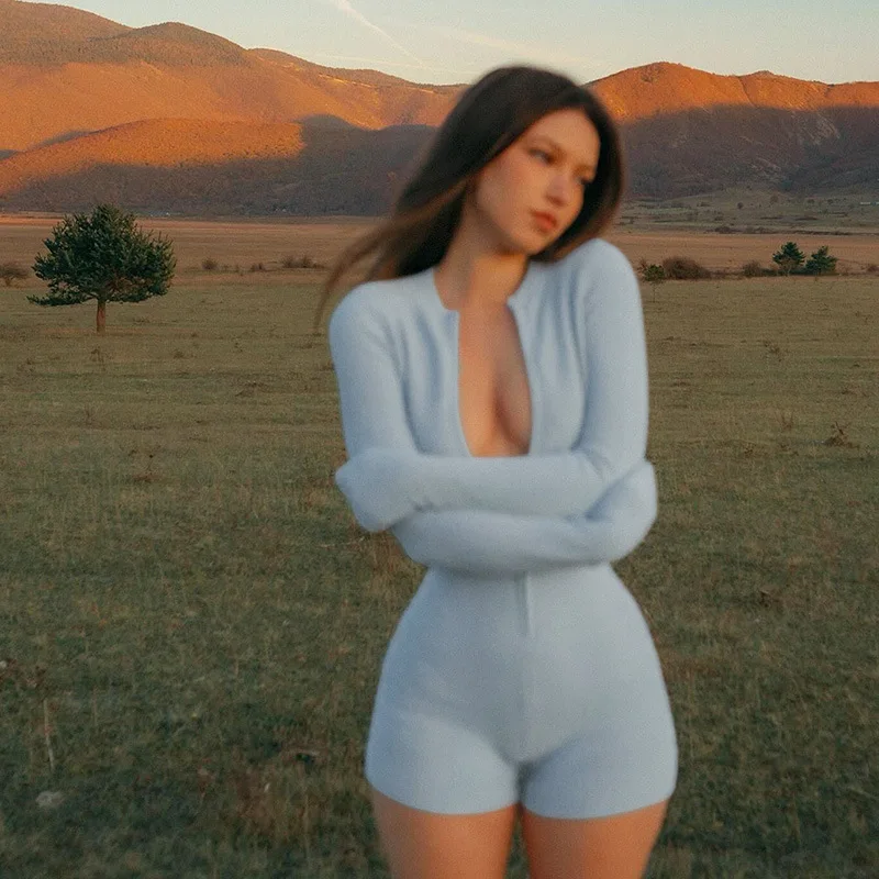 セクシーな無地ジッパーボディコンニットロンパース長袖2025年春レディースジャンプスーツブルー衣装ストリートウェアファッション衣装