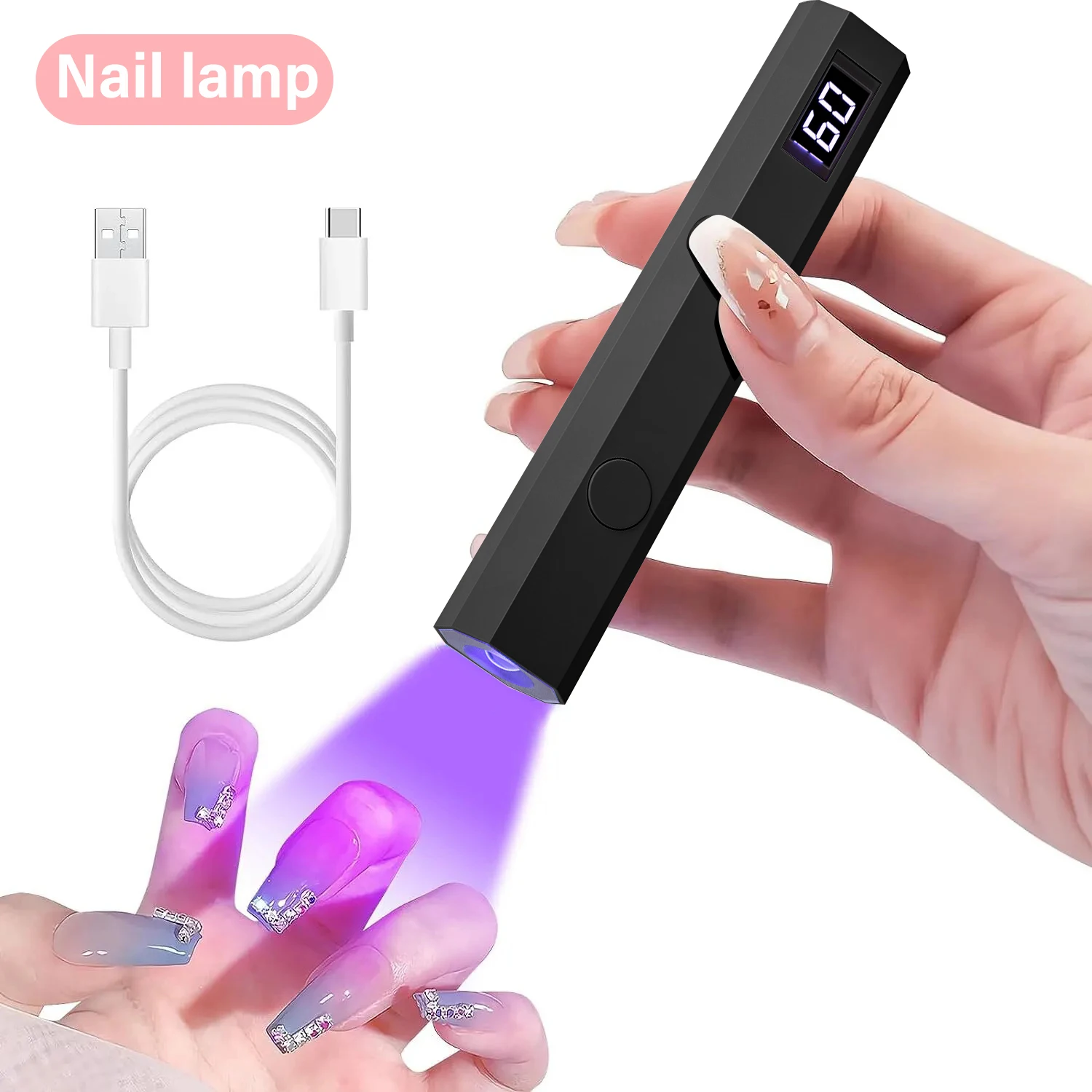 โคมไฟเล็บแบบพกพามือถือ Mini UV LED พร้อมแบตเตอรี่สําหรับเจลแห้งเร็วไฟฉายปากกาพร้อมจอแสดงผลโครโนกราฟ