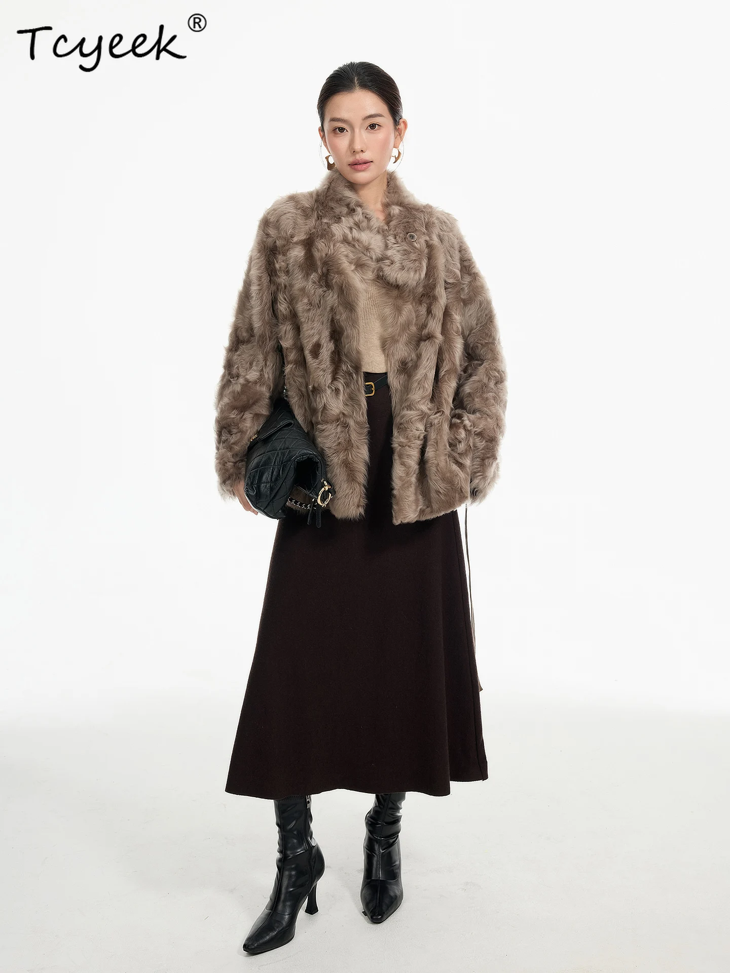 Tcyeek Genuino Lana Autunno Inverno High End Alla Moda Risvolto di Colore Solido delle Donne di Lana di Agnello Shearling Cappotto di Pelliccia Fourrures Femme