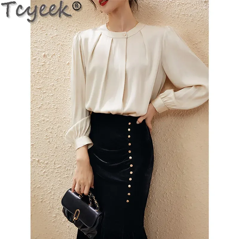 

Tcyeek 92% Mulberry Real Silk Blouse for Women 2023 Heavyweight Silk Shirt Women's Long Sleeve Top Clothes Ladies Blusa Feminina