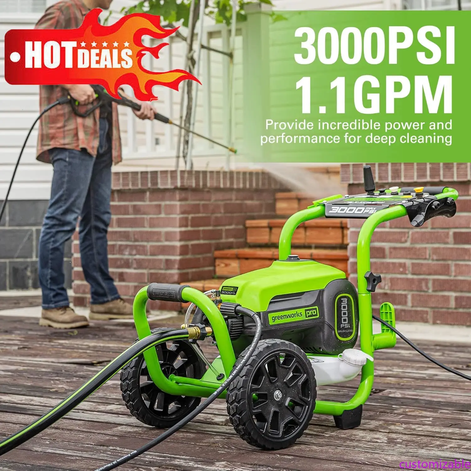 

Customizable Pro Brushless 3000 PSI 2.0 GPM Max / 1.1 GPM Electric Pressure Washer (Rugged Steel Frame, 25 FT Hose, 35 FT GFCI P
