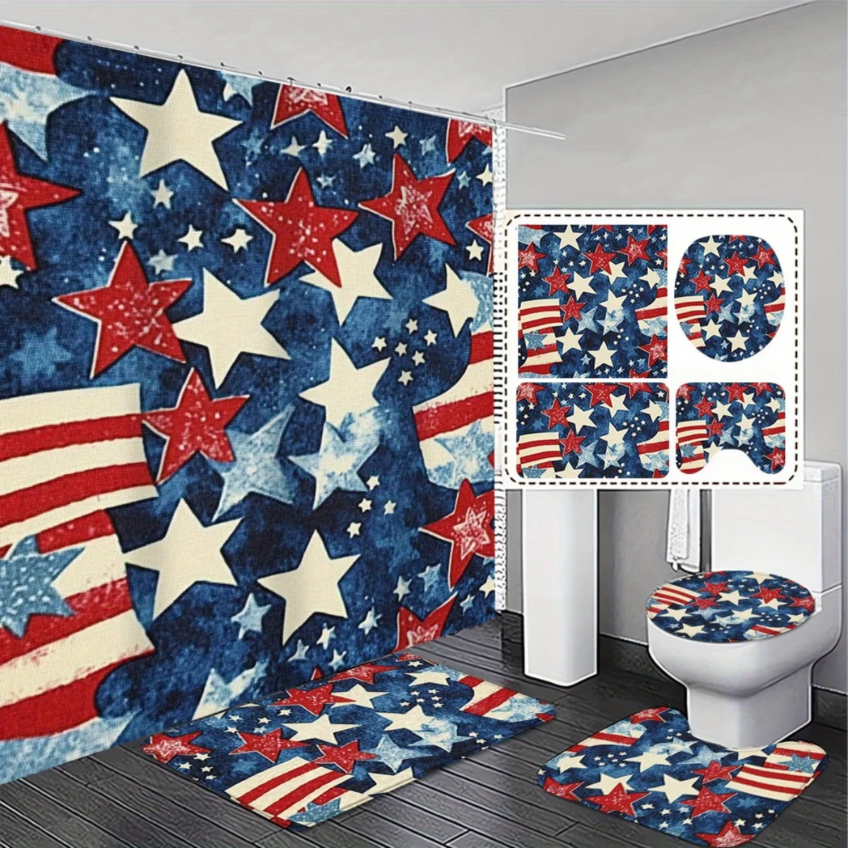 

4шт. Легкий и высококачественный набор для ванной комнаты с патриотическим звездным принтом на 4 июля — нескользящие водопоглощающие коврики, высокое качество