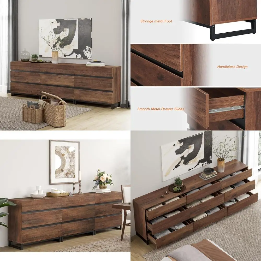 

Bedroom Storage Dresser with 9 Drawers, Metal Base, Modern Wooden Chest of Drawers