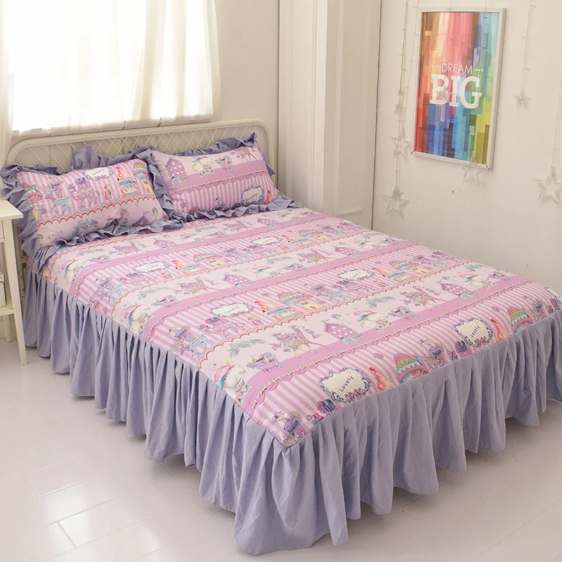 Cuddly Cartoon Bedspread for Girls Room, Fitted Sheet, Cotton Ruffles, Decorative Bed Coverlets, Pink and Purple Color, 1 PC