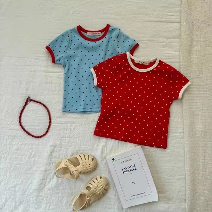 Korean children clothing summer new T-shirt 2026 girls stylish versatile color blocking polka dot top