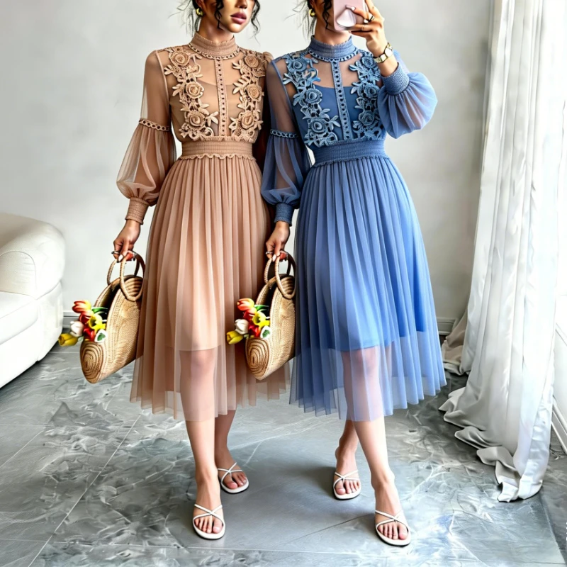 Vestido Midi Feminino Rosa Empoeirado de Tule com Gola Alta, Bordado Floral 3D, Manga Bufante e Cintura Franzida – Elegante para Festas e Convidadas de Casamento
